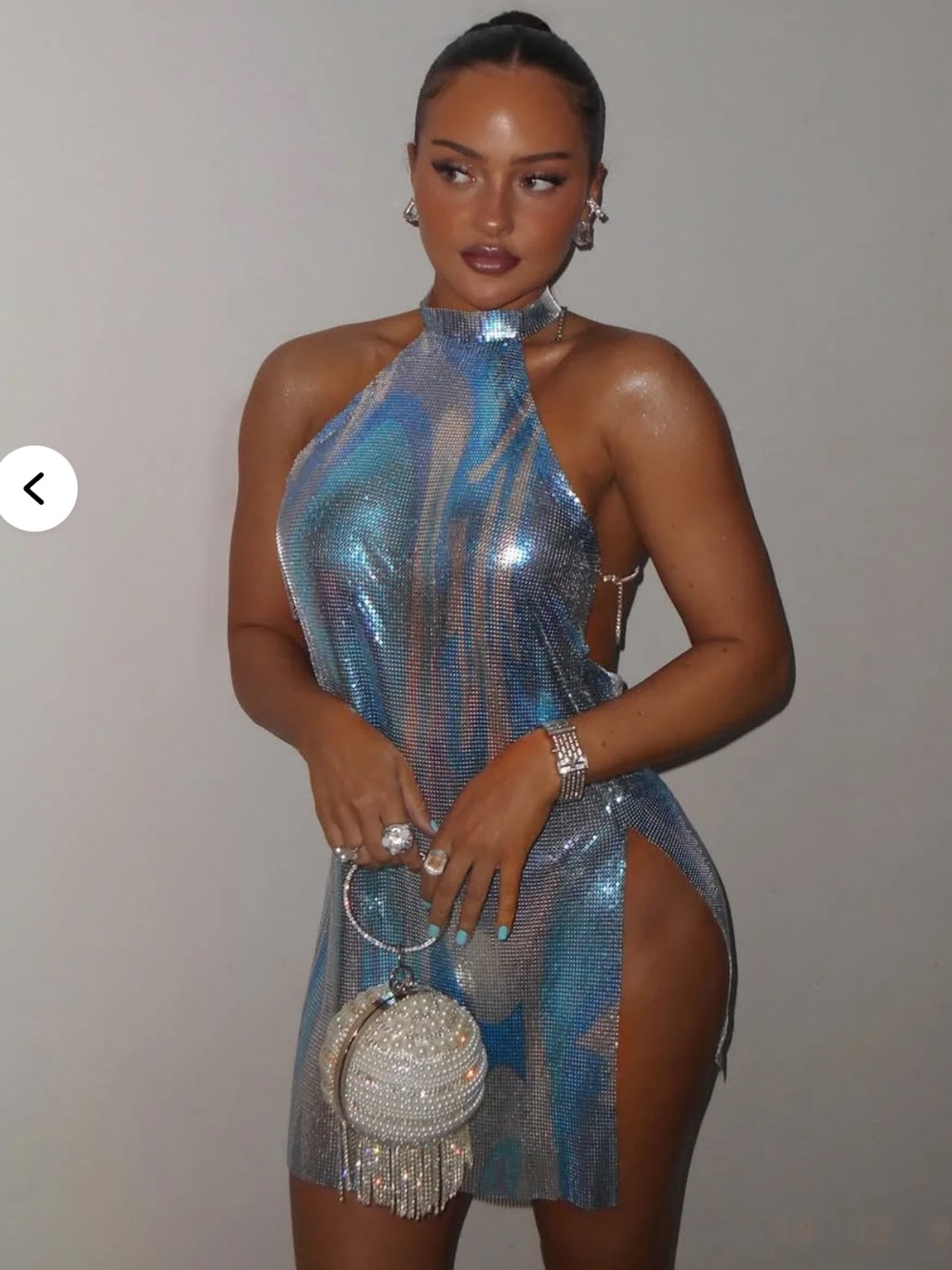 Fashion Nova Top Tier Only Chainmail Mini Dress Halter Metallic Aqua Iridescent - Picture 6 of 15